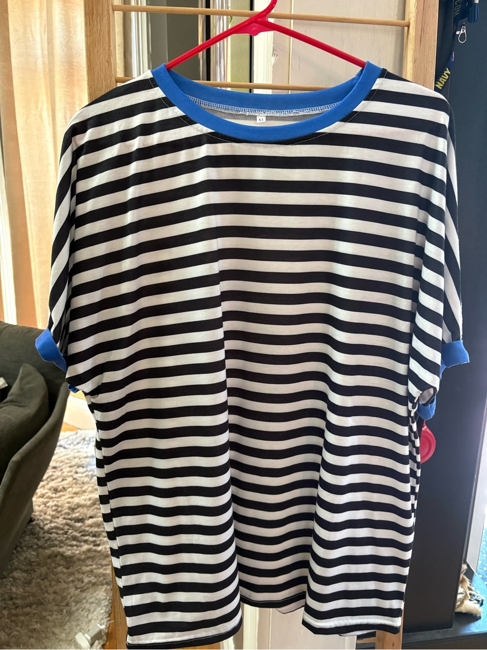 Black and White Striped Tee with Blue Trim, SizeXL